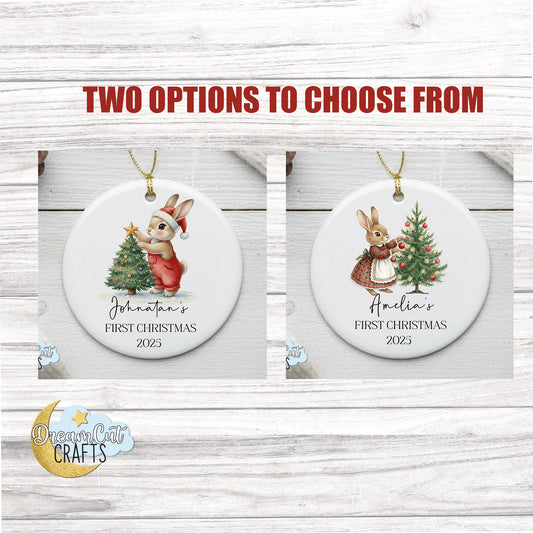 Christmas Bunny First Christmas Ornament – Personalized Ceramic Baby’s First Christmas Decoration