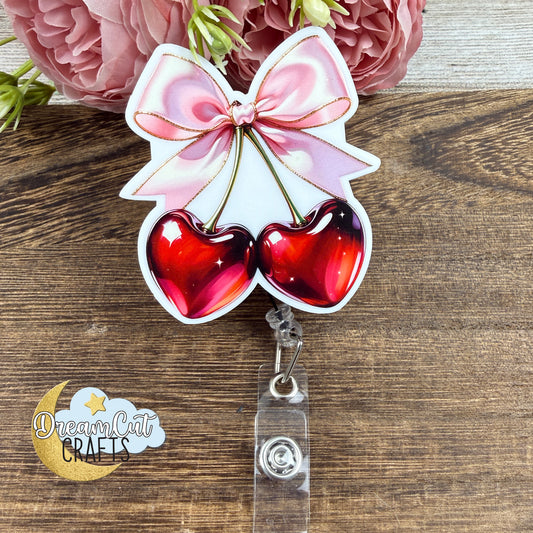 Cherry Bow Badge Reel Top UV Printed on White Acrylic 3mm, Love Theme, Cherry Design