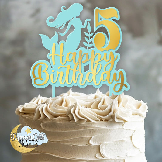 Custom Mermaid Cake Topper with personalized name and age in layered acrylic, under the sea birthday cake decoration.