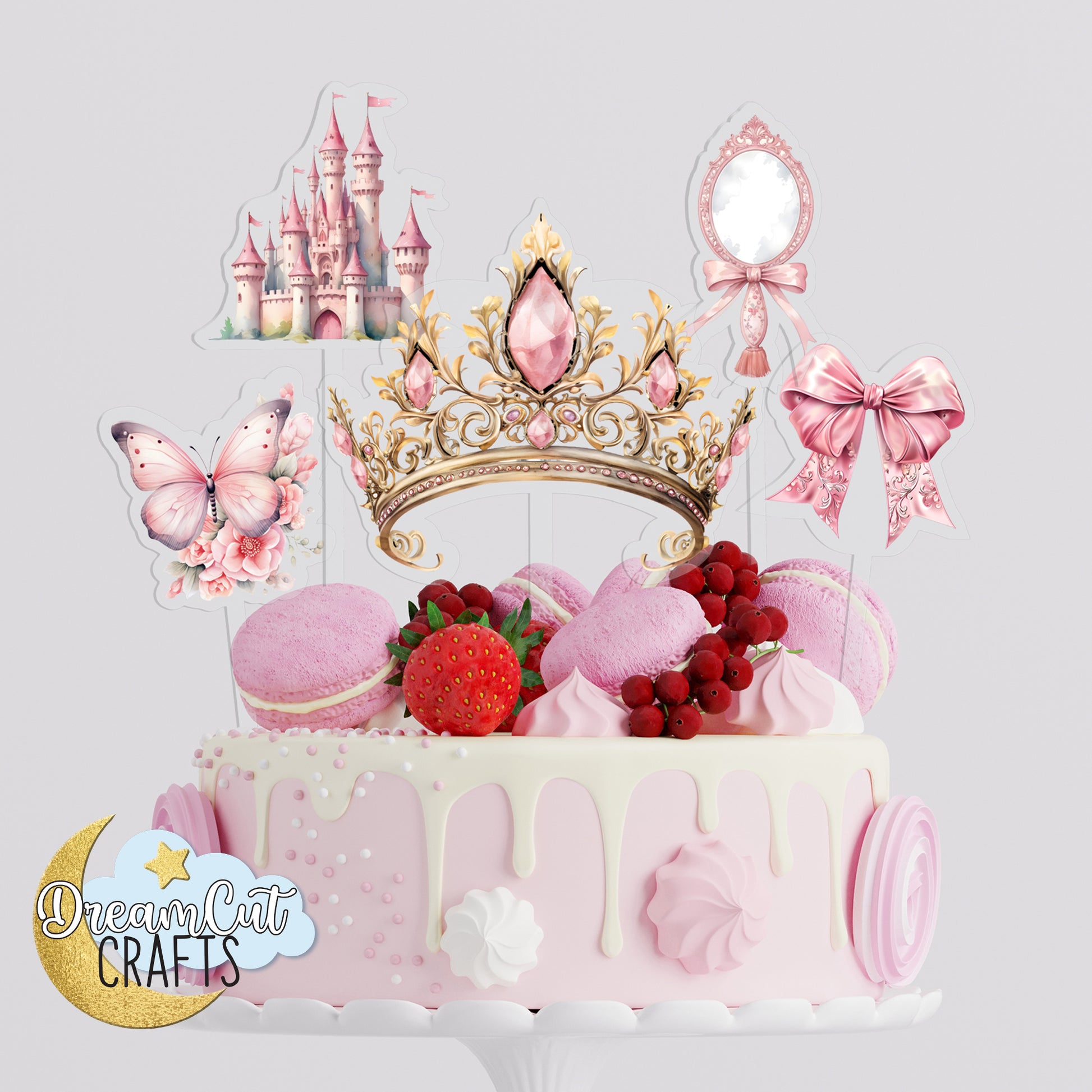 Princess cake topper set with tiara and four acrylic charms: castle, butterfly, mirror and a bow.