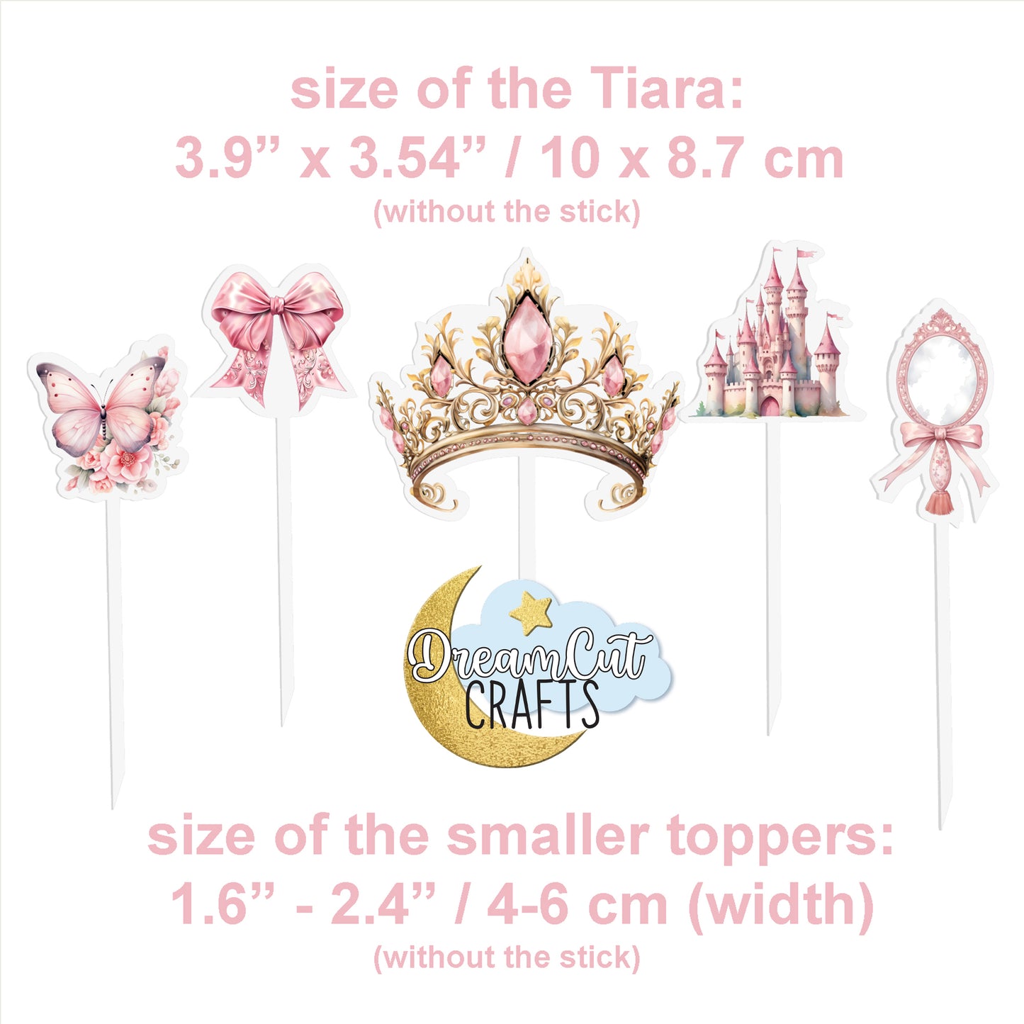Princess Cake Toppers Set – Acrylic Crown and Charms for Birthday Cakes, Baby Showers and Party Decor