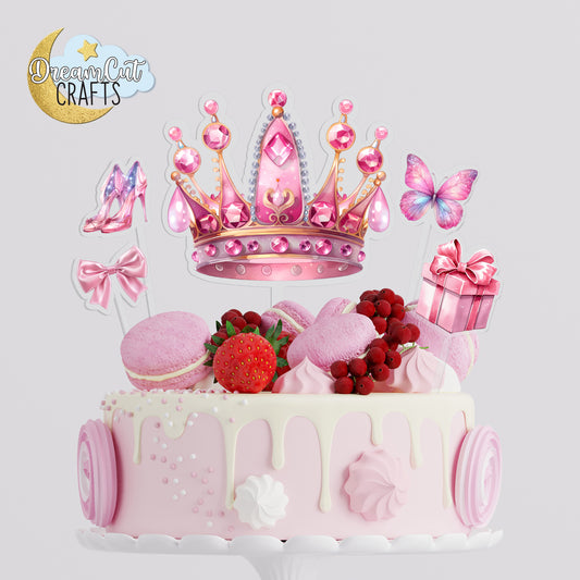 Princess Cake Topper Set with Crown, Bow, Butterfly, Gift and Glass Slippers in Pink – Laser Cut Acrylic