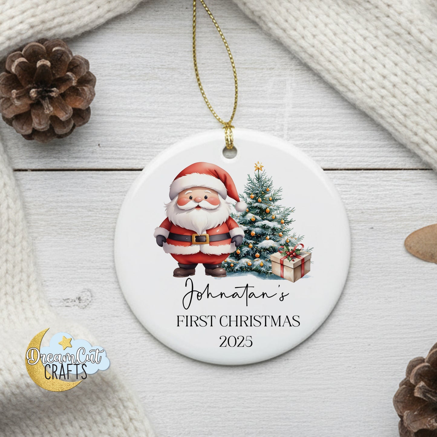 Santa First Christmas Ornament – Personalized Ceramic Baby’s First Christmas Keepsake