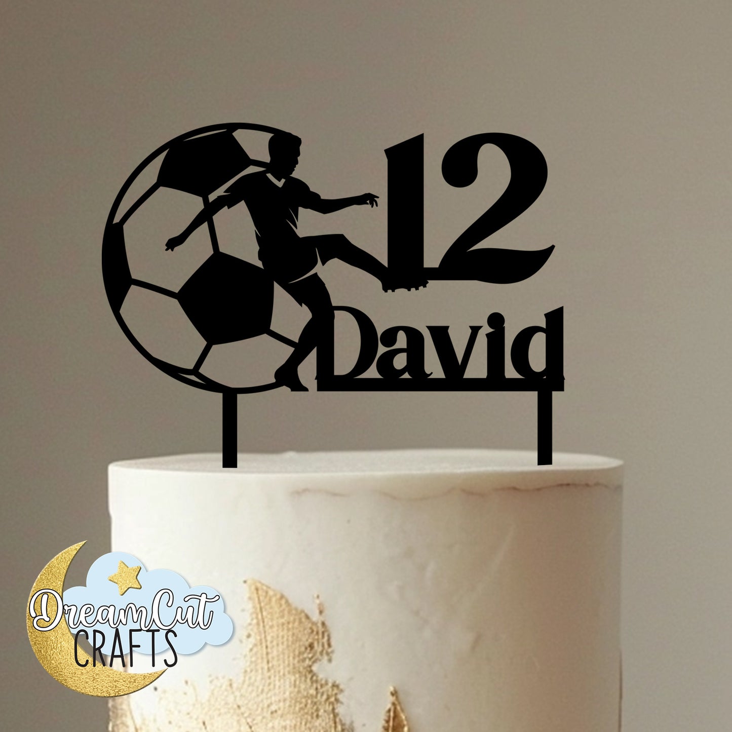Personalized soccer cake topper with football player silhouette, custom name, and age made from acrylic for sports birthday décor.