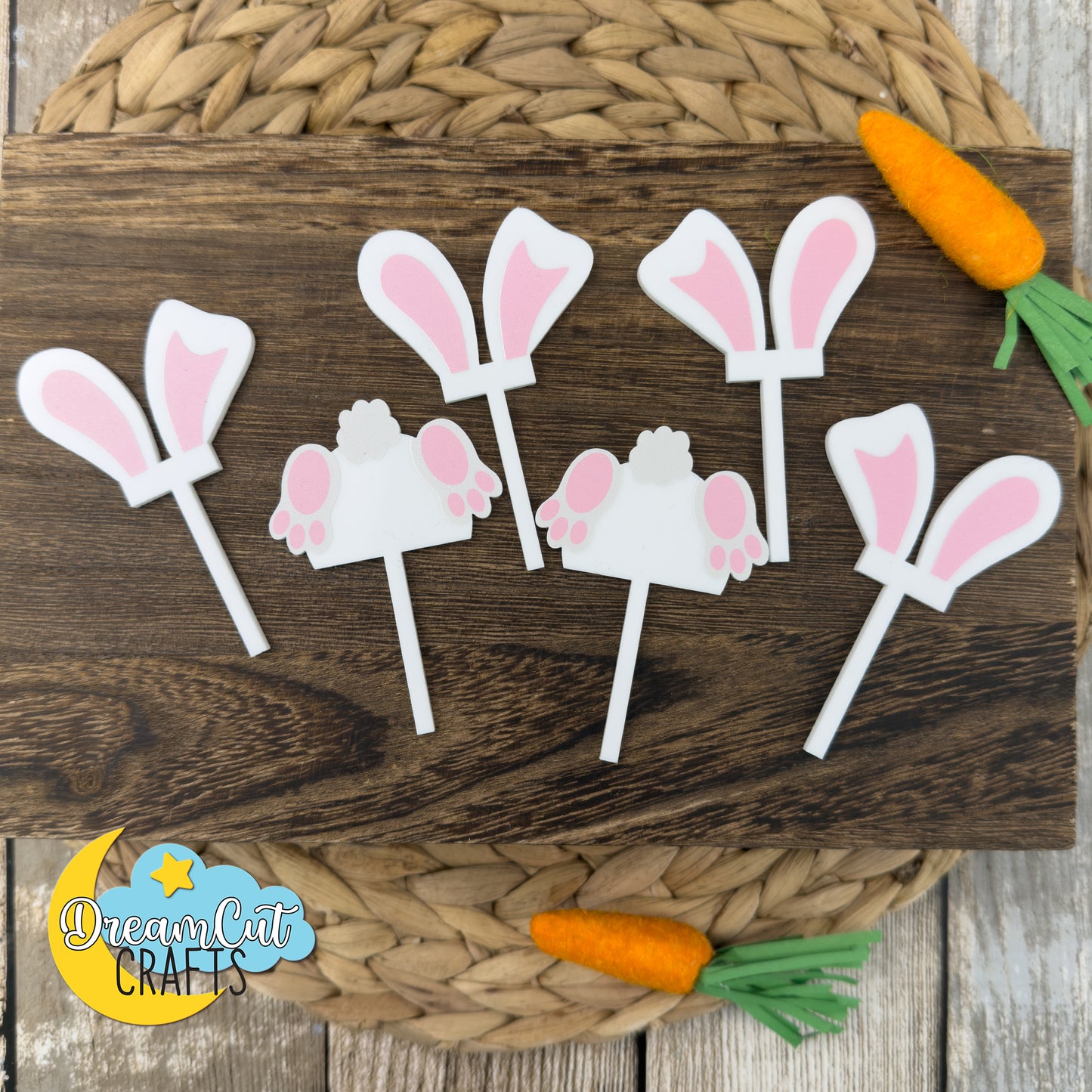 Easter Bunny Cupcake Toppers Set of 6 | White Acrylic Bunny Ears & Bunny Butt Toppers | UV Printed Reusable Party Decor