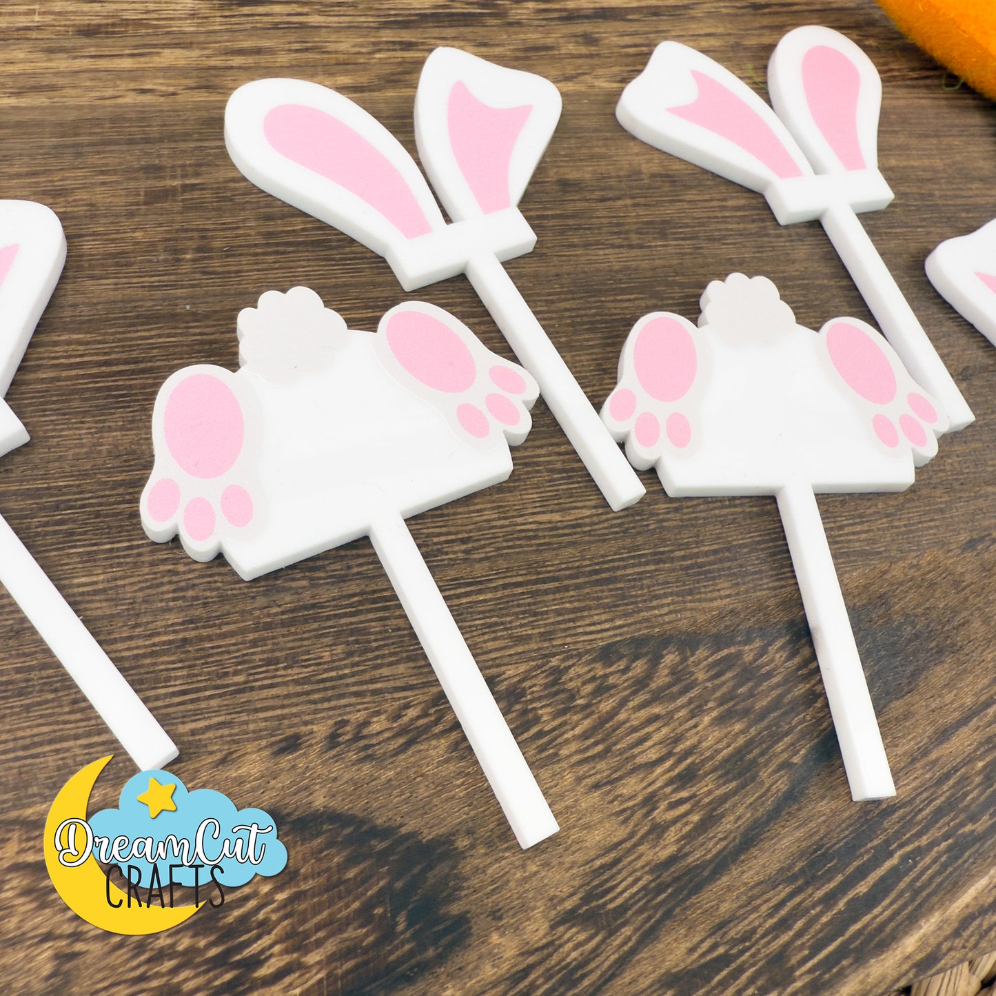 Easter Bunny Cupcake Toppers Set of 6 | White Acrylic Bunny Ears & Bunny Butt Toppers | UV Printed Reusable Party Decor