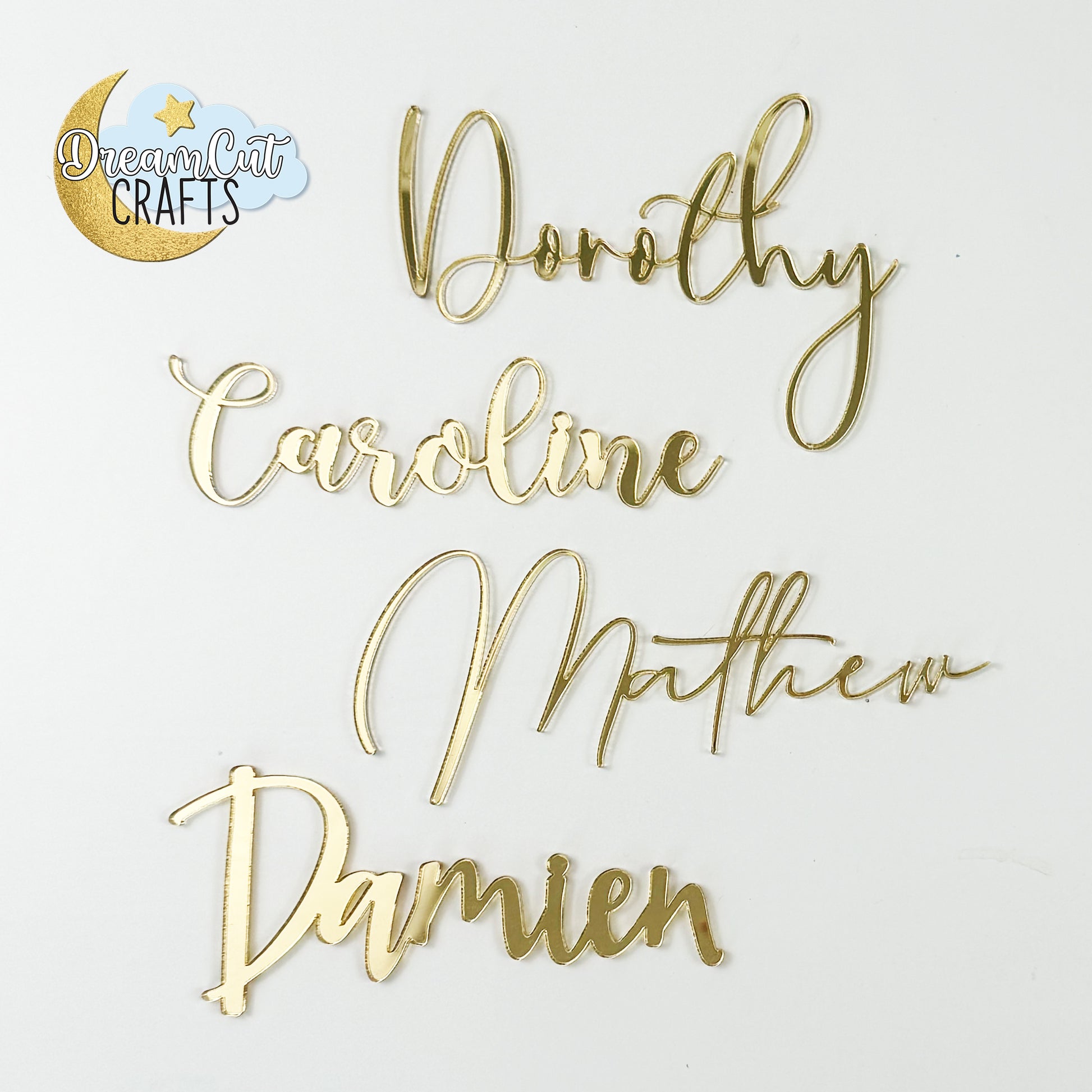 Custom laser-cut acrylic name place card for elegant wedding and event table décor.