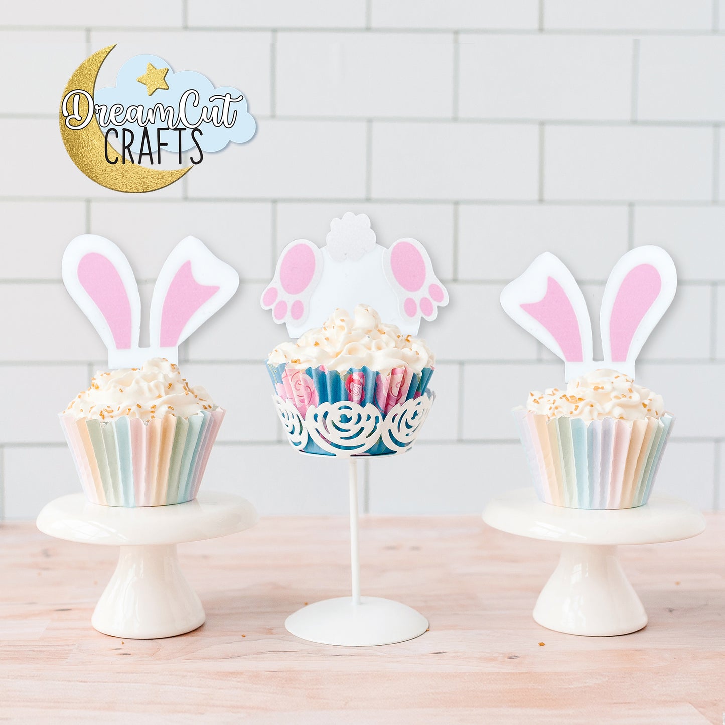 Set of 6 Easter bunny cupcake toppers made from white acrylic, featuring bunny ears and bunny butt designs with UV-printed details.