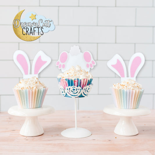 Set of 6 Easter bunny cupcake toppers made from white acrylic, featuring bunny ears and bunny butt designs with UV-printed details.