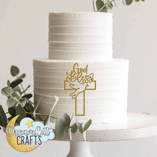 Mirror acrylic cross cake charm with dove and “God Bless” lettering for baptism or communion cake.
