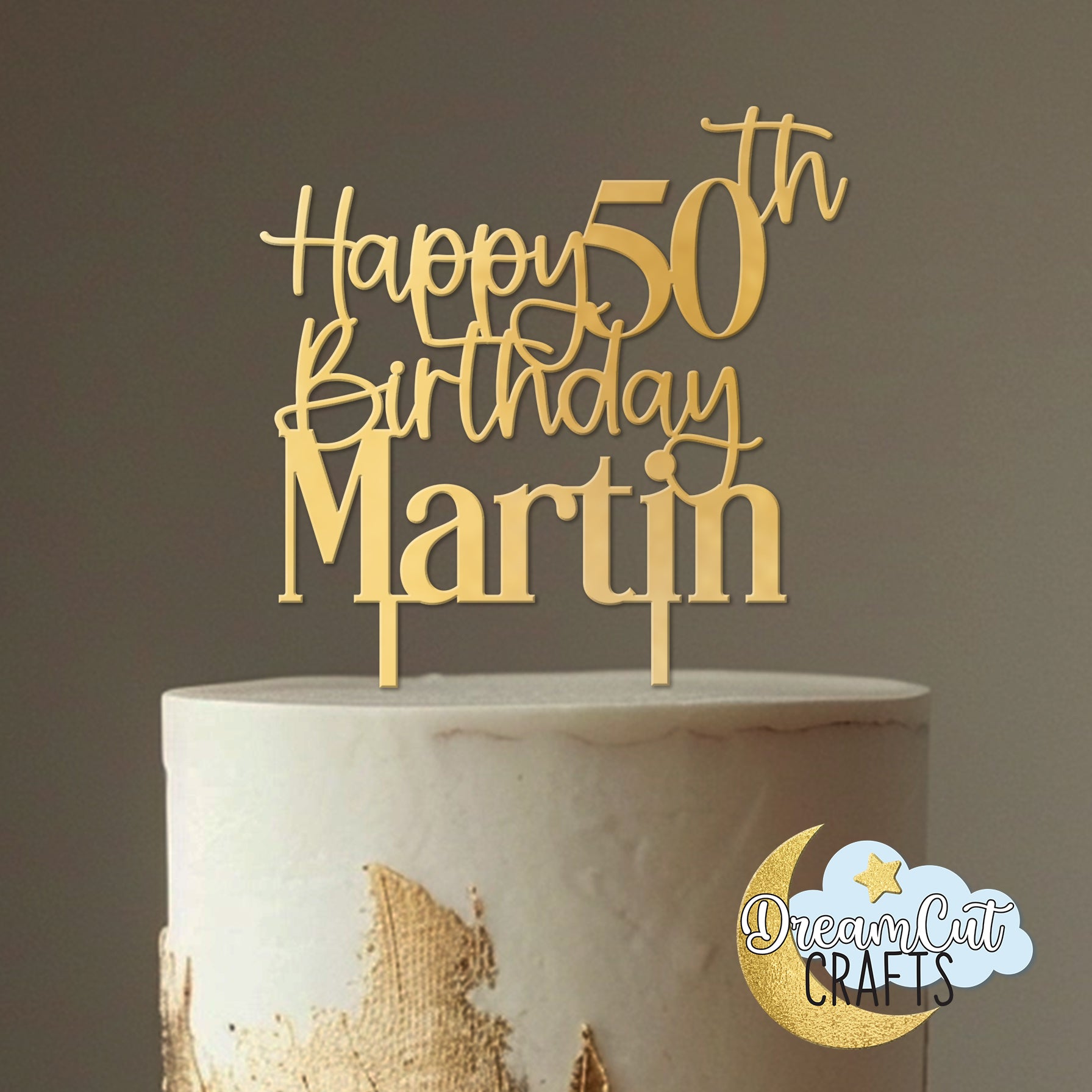 Personalized acrylic birthday cake topper with custom name and age in elegant script and serif fonts, shown in 5, 6, and 7 inch size options
