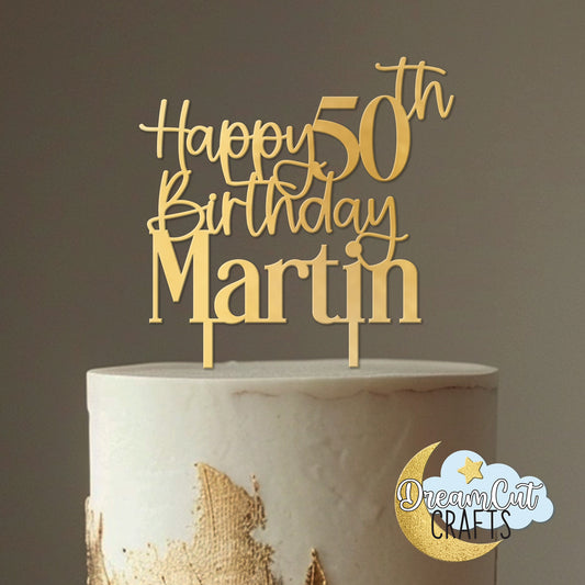 Personalized acrylic birthday cake topper with custom name and age in elegant script and serif fonts, shown in 5, 6, and 7 inch size options