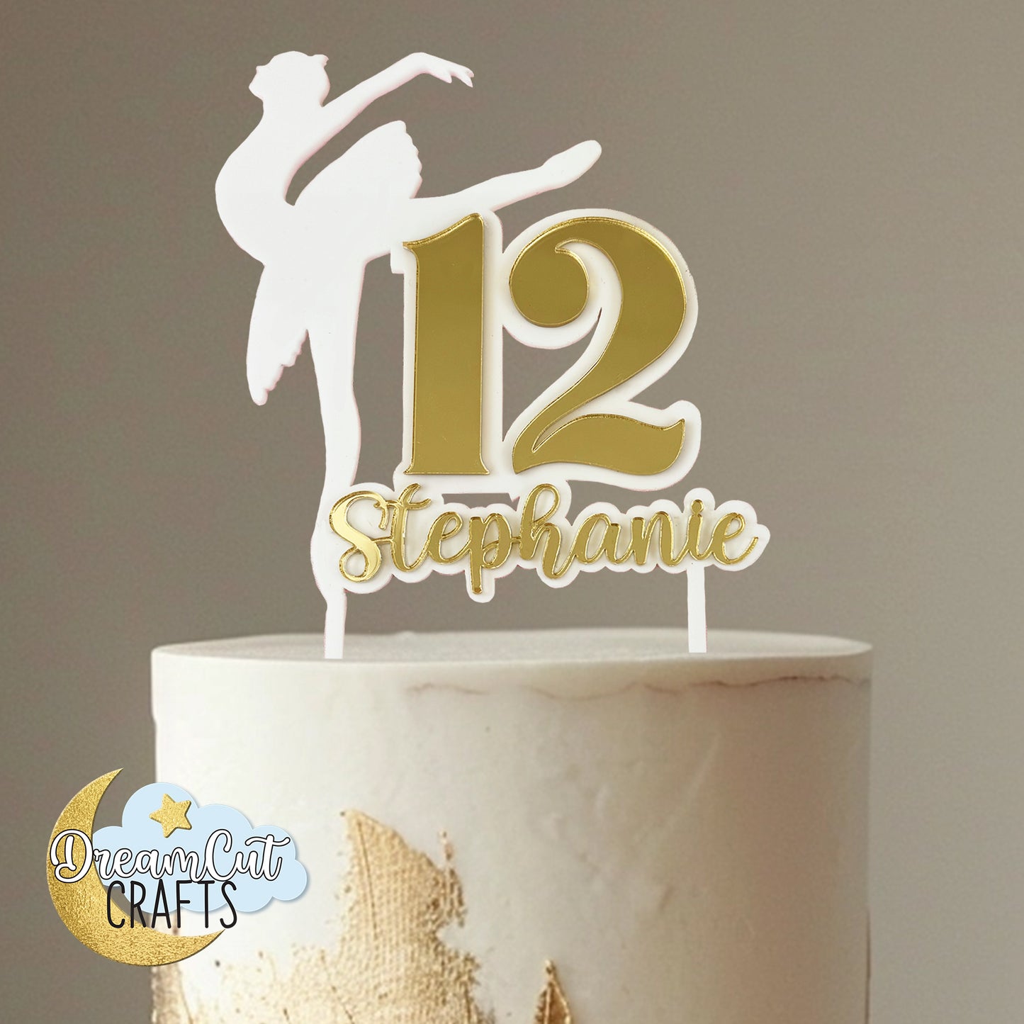 Personalized ballerina cake topper with name and age – custom acrylic laser cut birthday decoration.