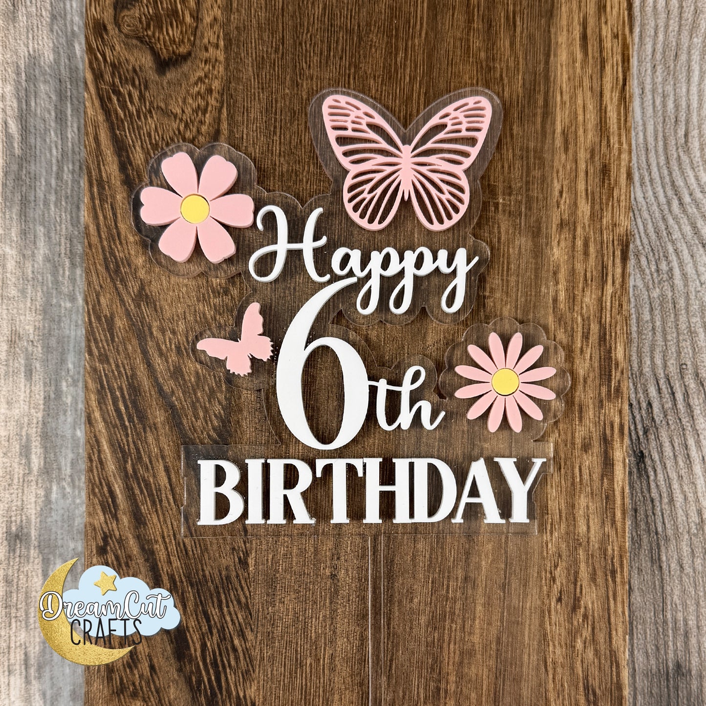 Custom Age Birthday Cake Topper – Butterfly & Daisy Layered Acrylic Topper