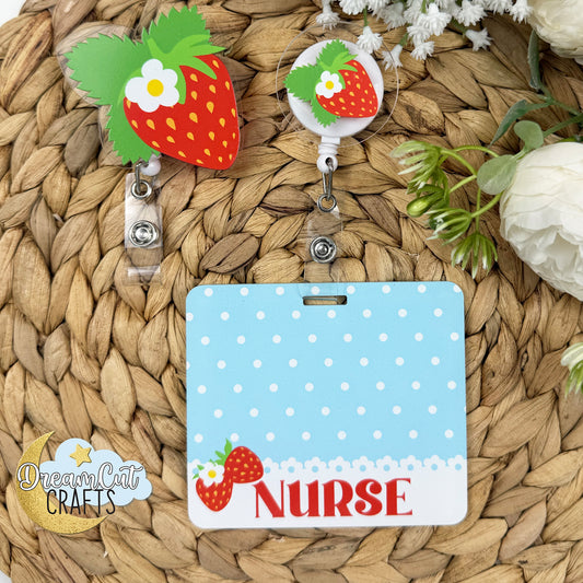 Strawberry badge reel set with matching badge buddy, UV printed on clear acrylic, personalized text, shown with multiple reel style options