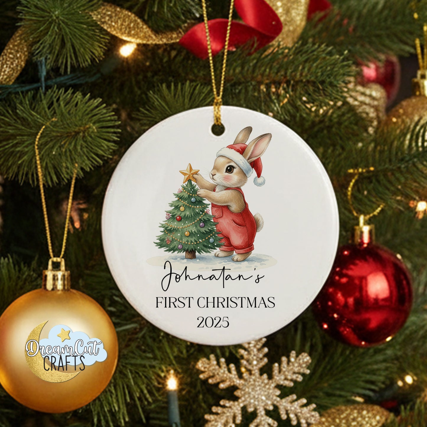 Christmas Bunny First Christmas Ornament – Personalized Ceramic Baby’s First Christmas Decoration