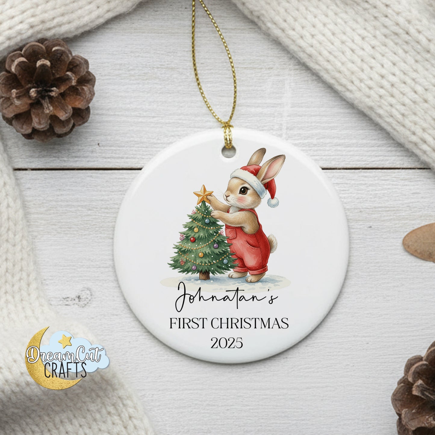 Christmas Bunny First Christmas Ornament – Personalized Ceramic Baby’s First Christmas Decoration