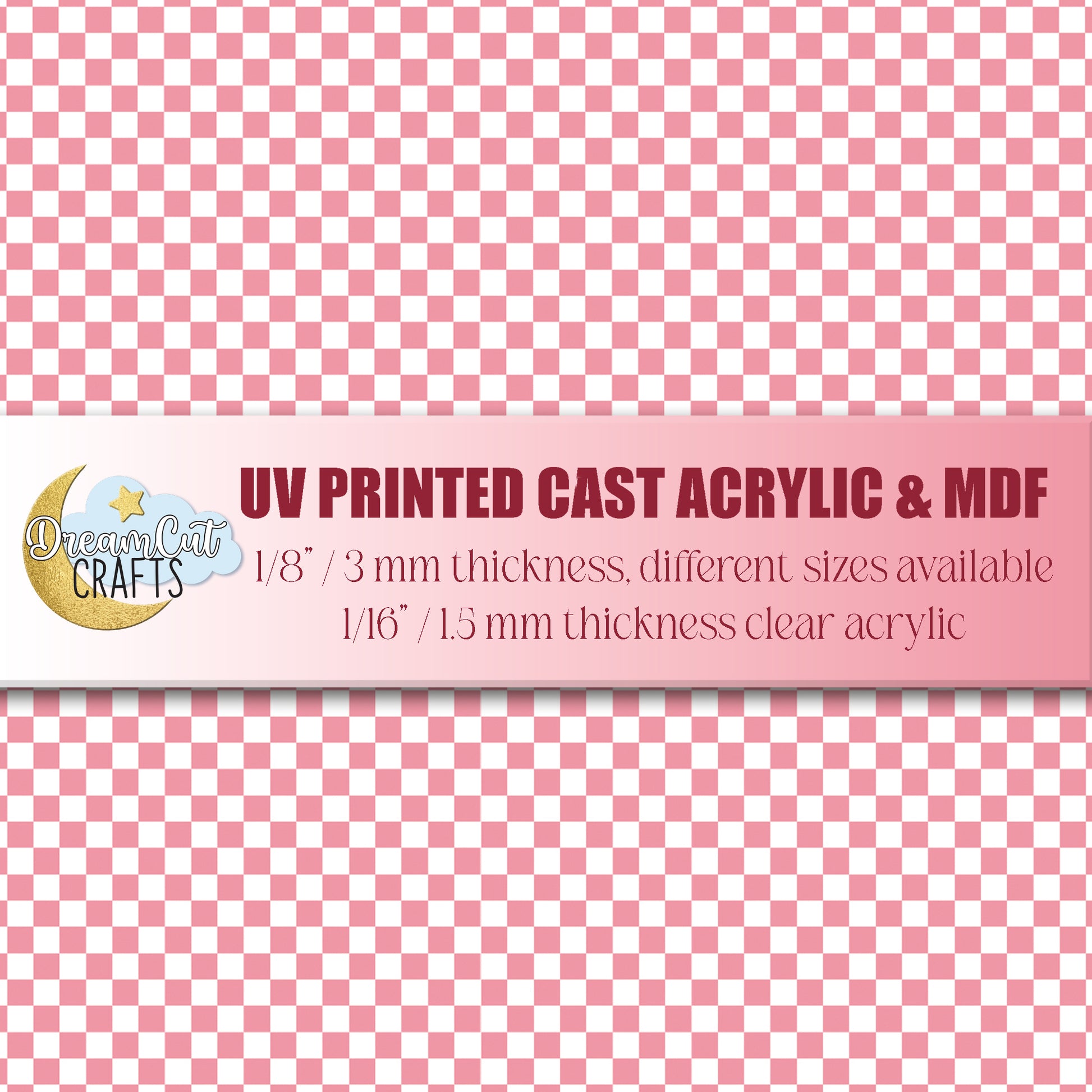 UV printed pink checker acrylic sheet on MDF and acrylic, laser cut ready material with pastel grid pattern