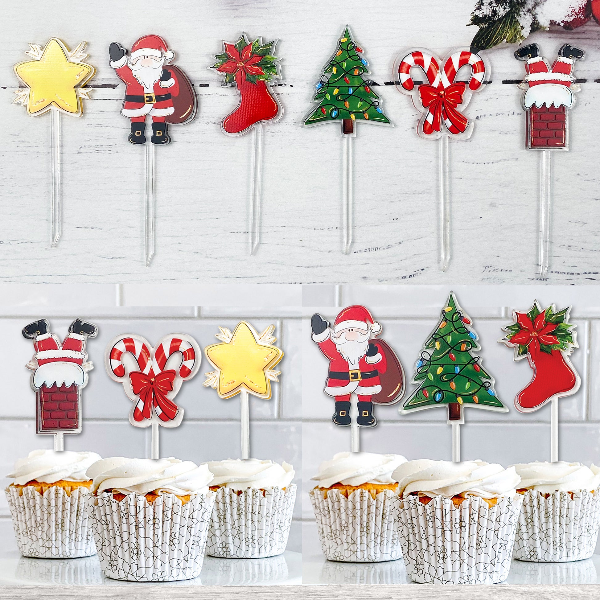 Laser-cut acrylic Christmas cupcake topper with UV-printed holiday design, available individually in multiple festive styles.
