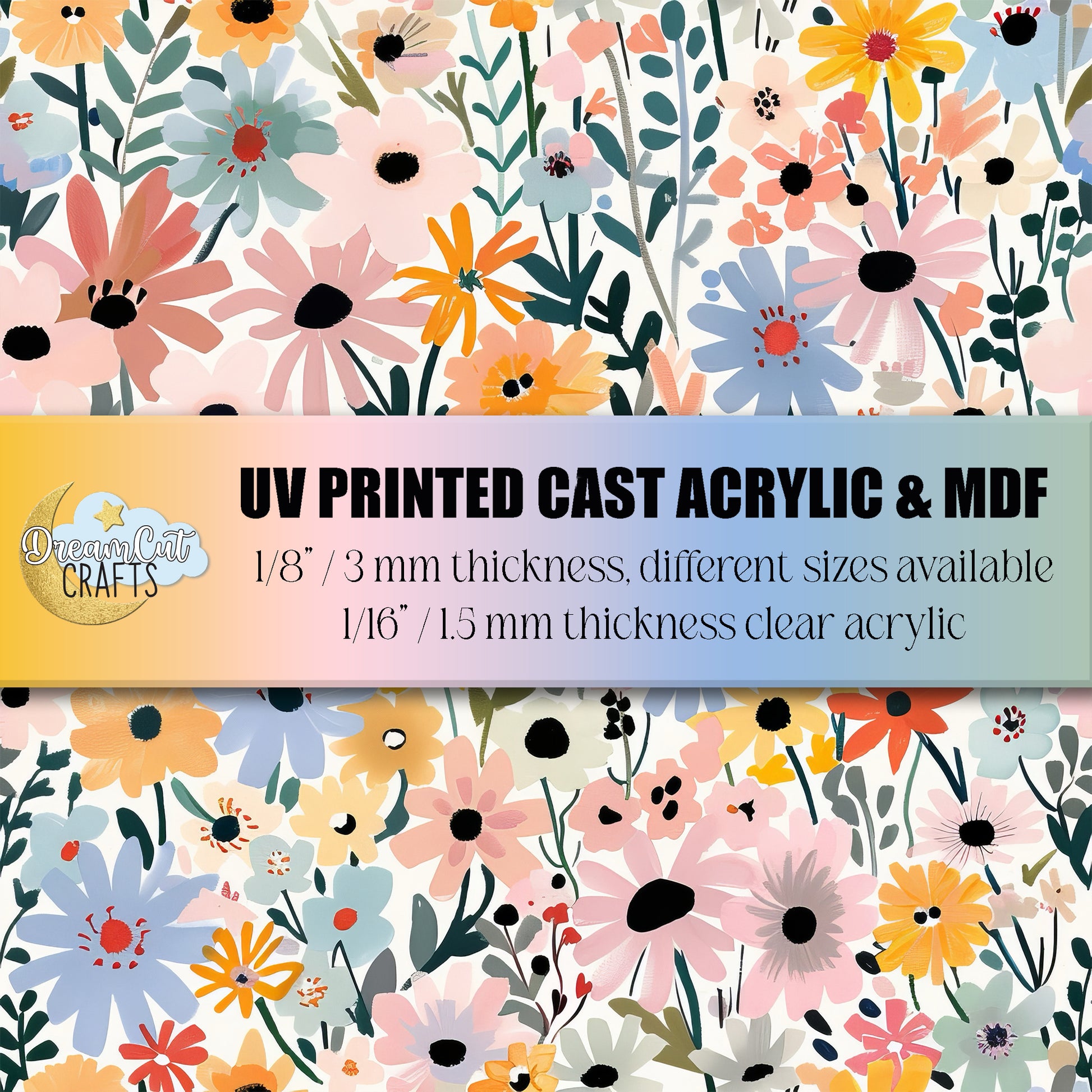 UV printed acrylic sheet with a colorful hand-painted daisies pattern in pastel pink, yellow, blue, and coral tones, shown as a square sample for laser cutting projects.