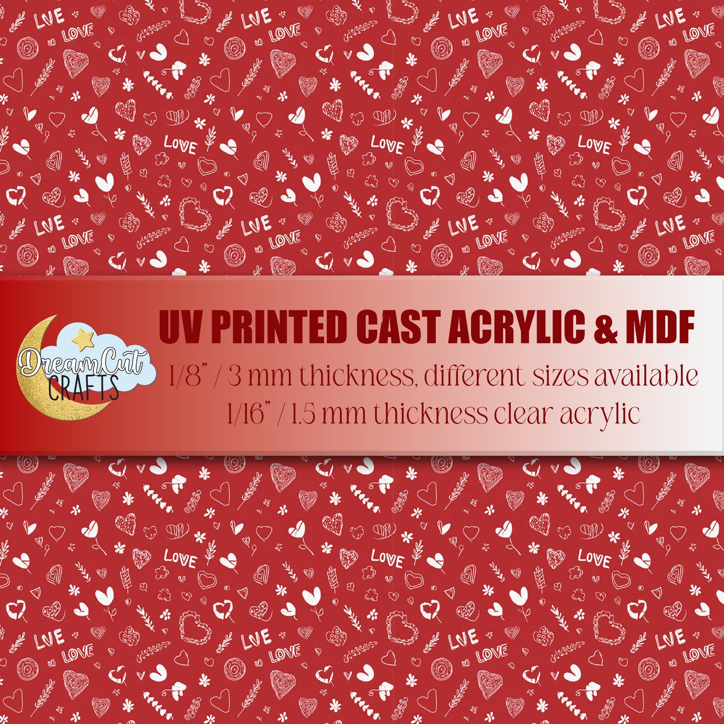 Red Love Doodle UV Printed Acrylic & MDF Sheet | Valentine Pattern for Laser Cutting