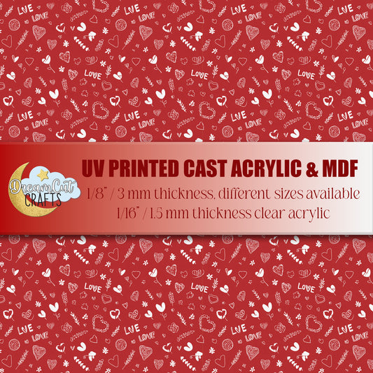 Red Love Doodle UV Printed Acrylic & MDF Sheet | Valentine Pattern for Laser Cutting