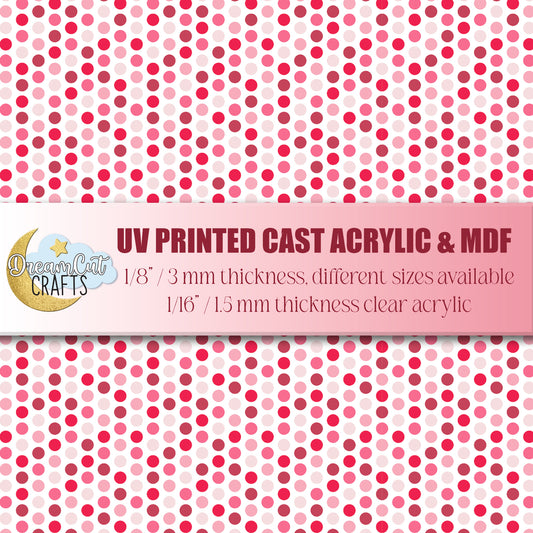 UV printed acrylic sheet with pink and red polka dot pattern on cast acrylic and MDF for laser cutting projects