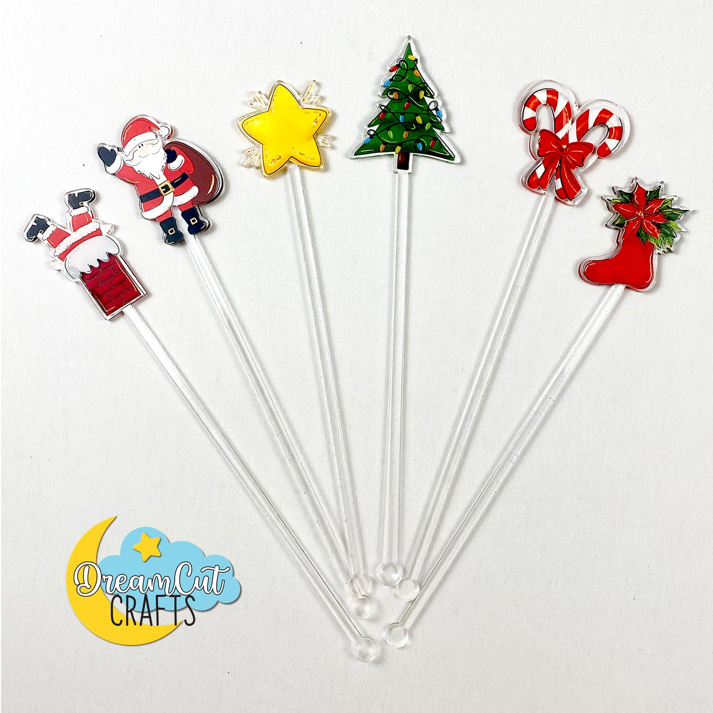 Laser-cut acrylic Christmas drink stirrer with UV-printed festive design — available individually in multiple styles and sizes.