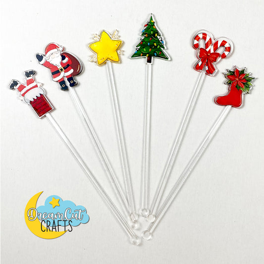 Laser-cut acrylic Christmas drink stirrer with UV-printed festive design — available individually in multiple styles and sizes.