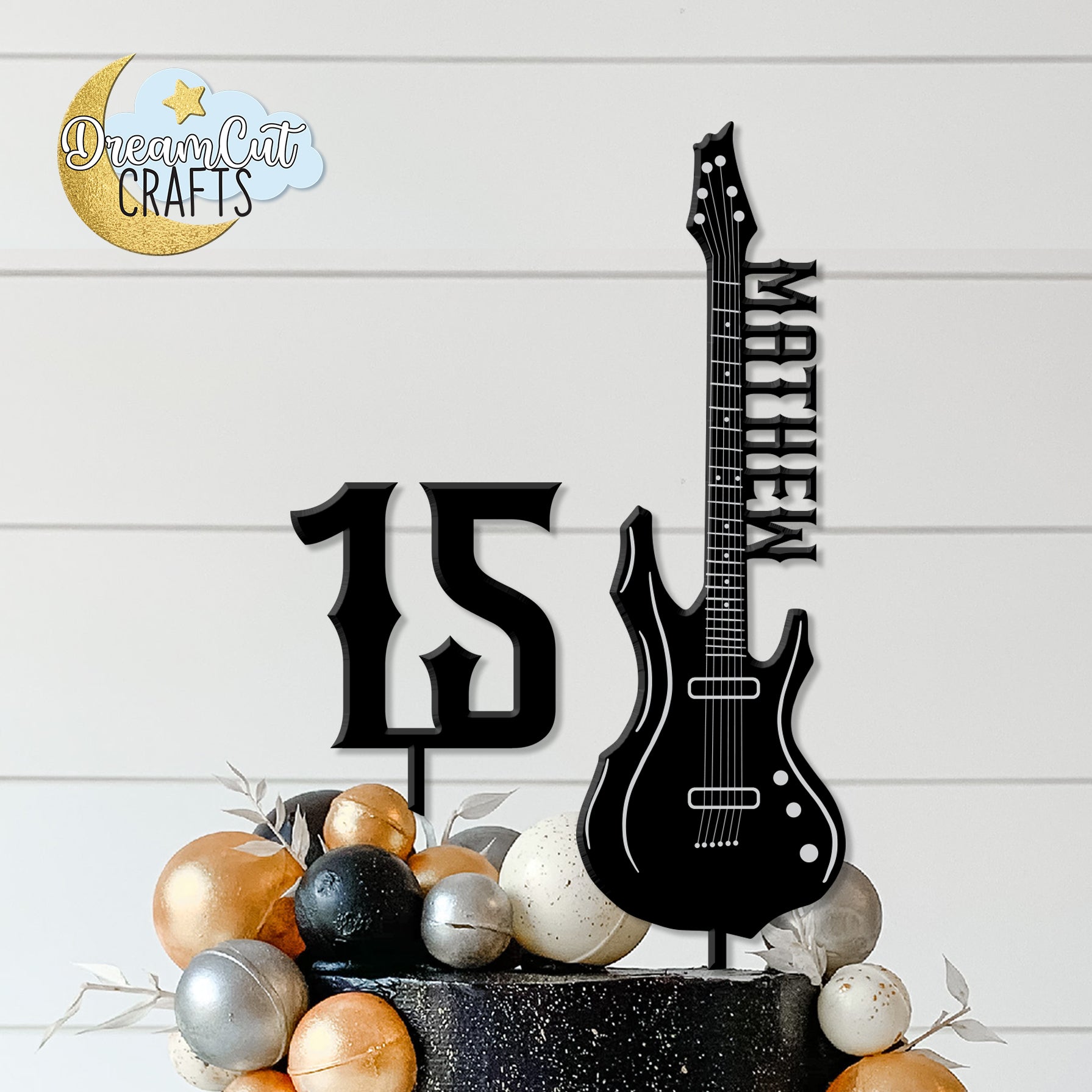 Custom electric guitar cake topper made from acrylic with personalized name on the neck and optional age, shown in solid, pastel, and mirror finishes