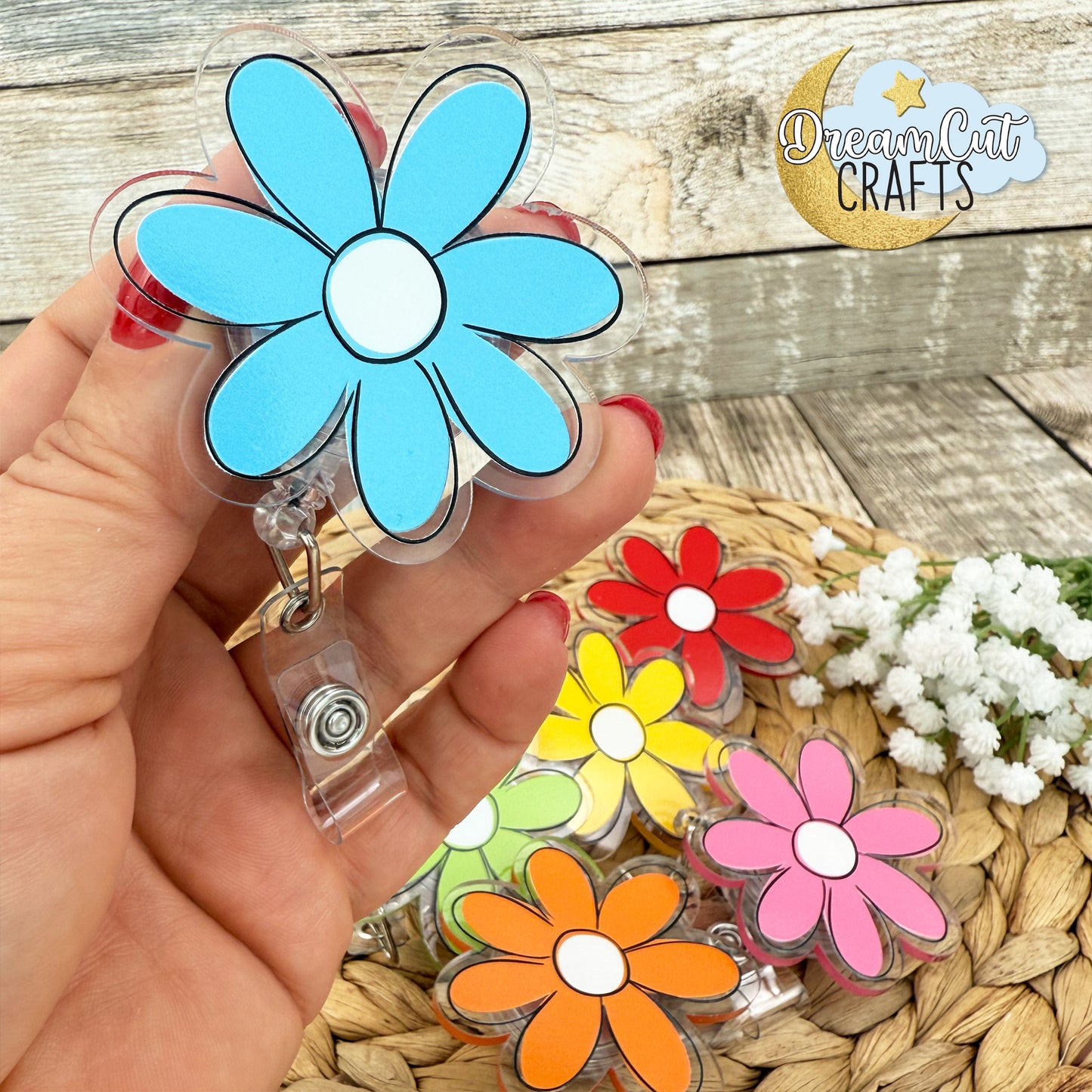 Flower Badge Reel with Retractable Reel, UV Printed Acrylic, 6 cm / 2.5 ", 81 Color Options