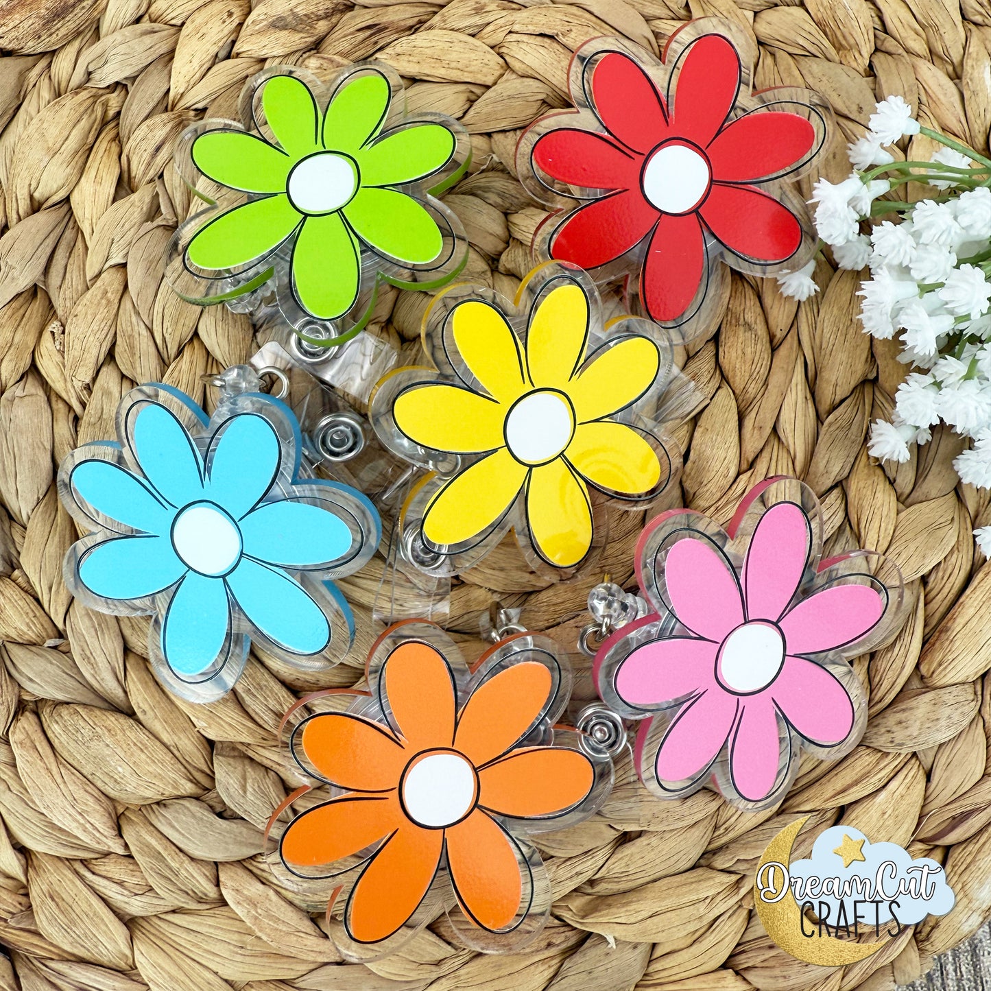 Flower Badge Reel with Retractable Reel, UV Printed Acrylic, 6 cm / 2.5 ", 81 Color Options
