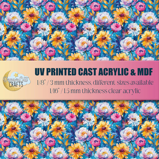 UV printed acrylic sheet with vibrant watercolor peonies and floral pattern for laser cutting projects.