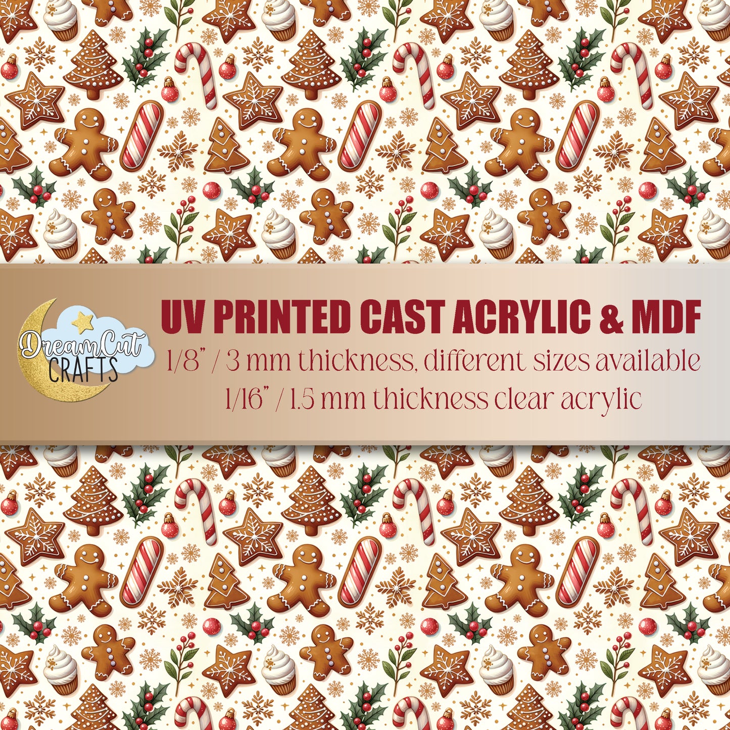 Gingerbread Cookies UV Printed Acrylic Sheet – Festive Christmas Pattern on Acrylic or MDF