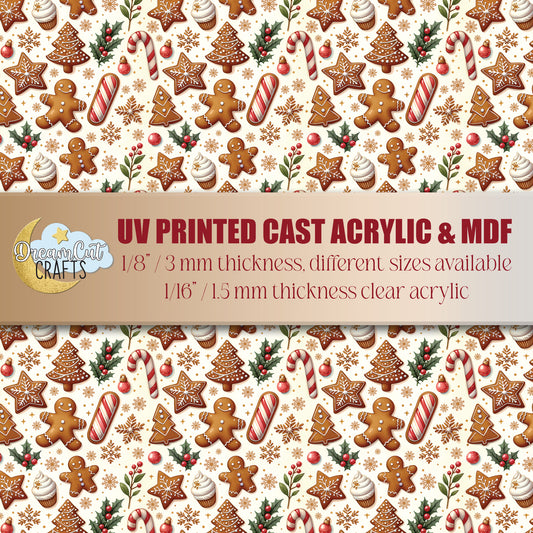 Gingerbread Cookies UV Printed Acrylic Sheet – Festive Christmas Pattern on Acrylic or MDF