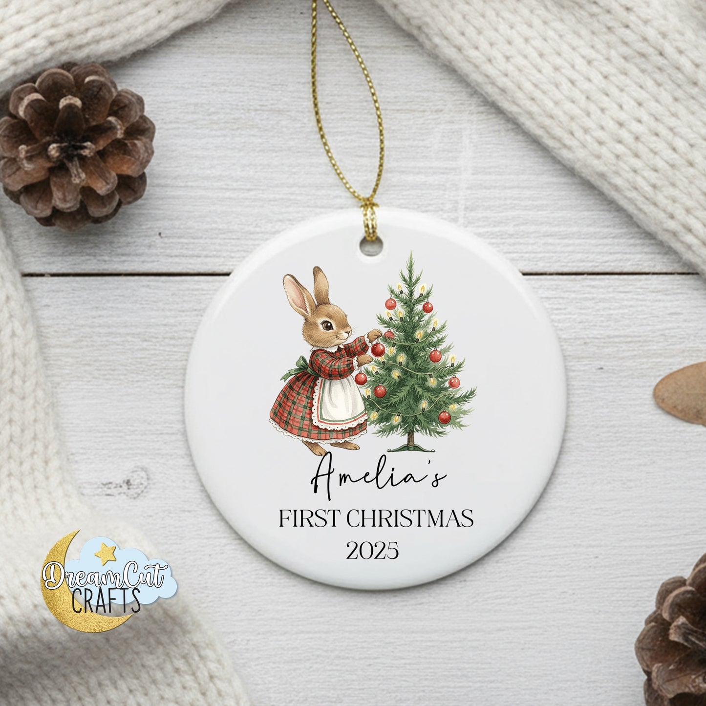 Christmas Bunny First Christmas Ornament – Personalized Ceramic Baby’s First Christmas Decoration