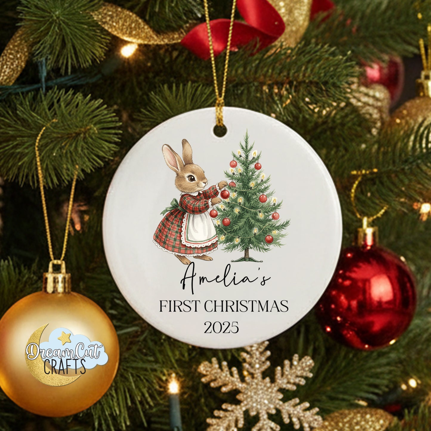 Christmas Bunny First Christmas Ornament – Personalized Ceramic Baby’s First Christmas Decoration