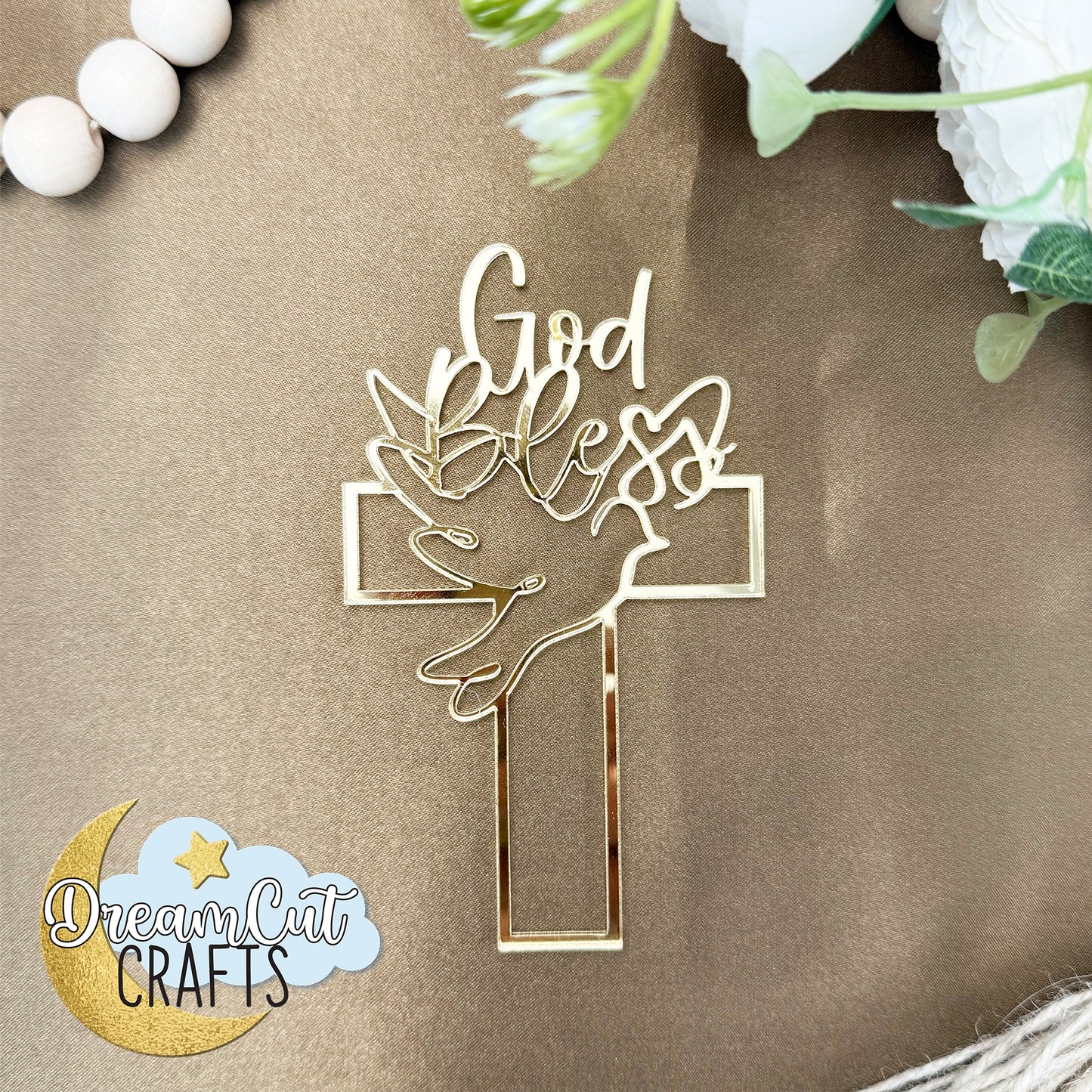 Baptism Cake topper | Christening cake topper | God bless Cross with dove cake charm