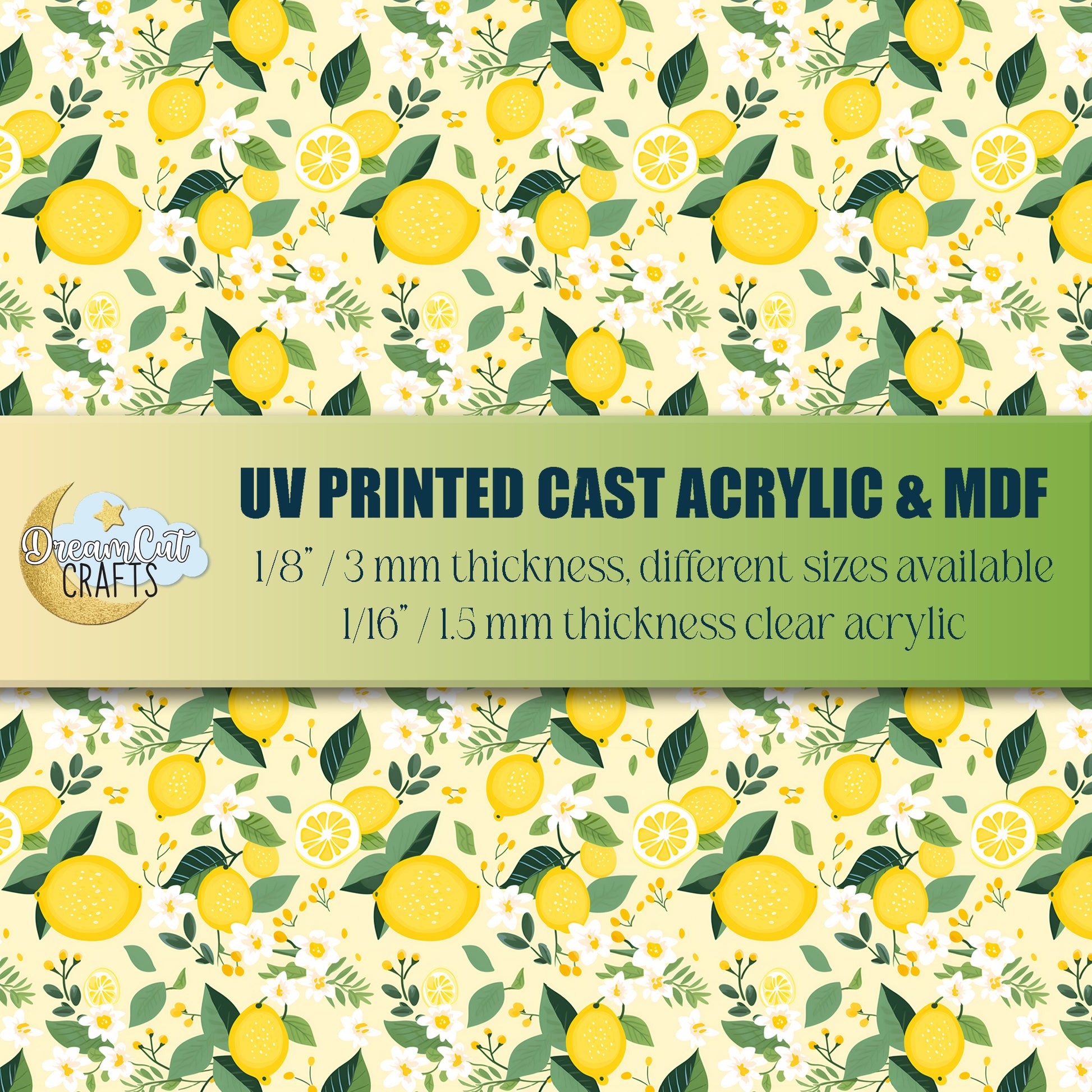 Lemon floral UV printed acrylic sheet with citrus and blossom pattern for laser cutting, available in cast acrylic or MDF.