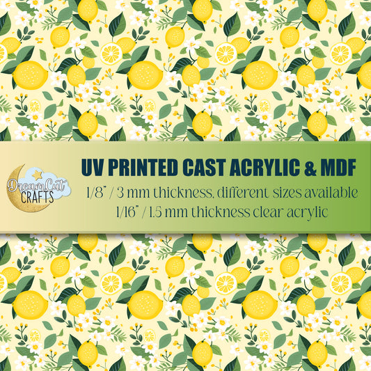 Lemon floral UV printed acrylic sheet with citrus and blossom pattern for laser cutting, available in cast acrylic or MDF.