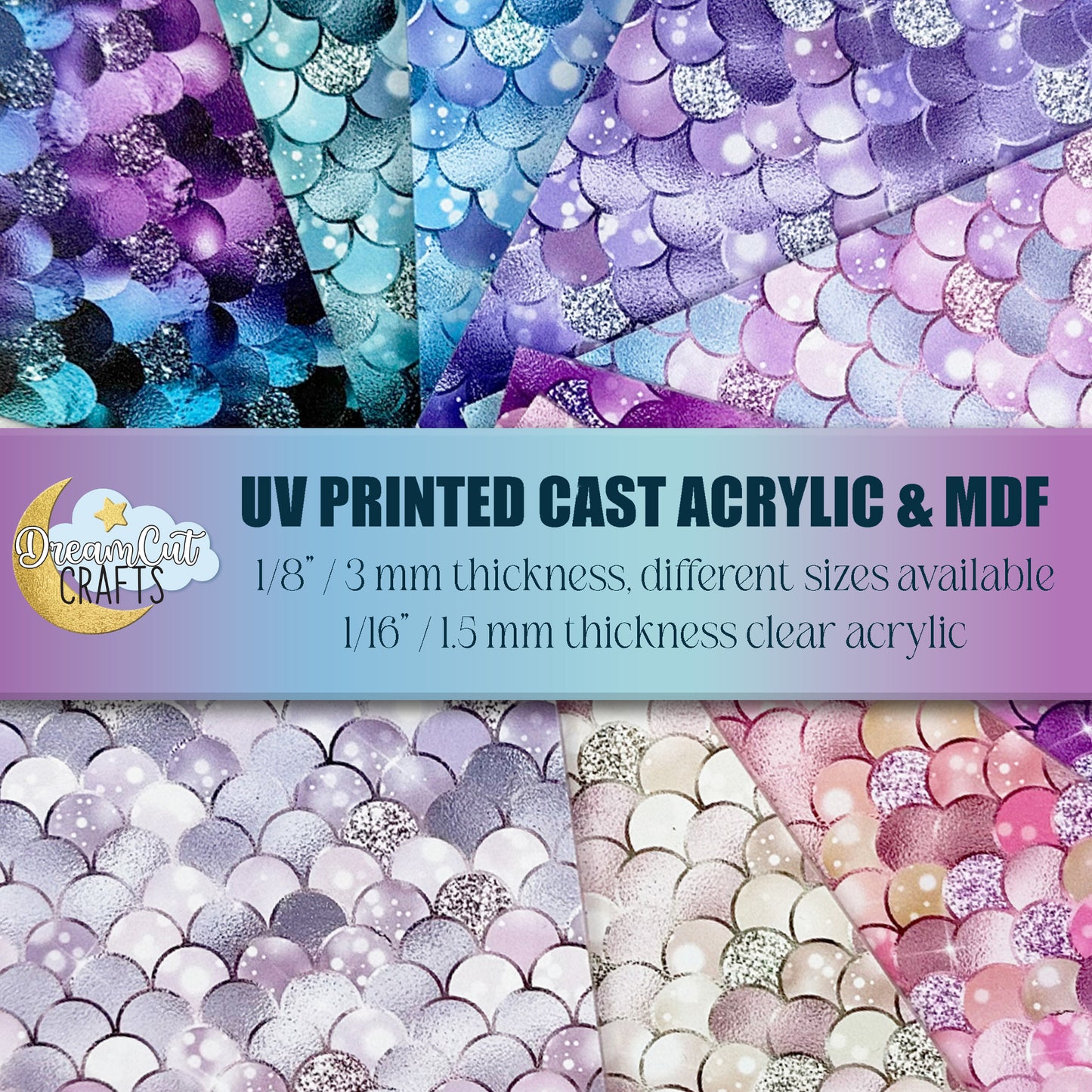 Mermaid scale UV printed acrylic sheet in assorted colors, smooth glossy surface, laser-ready cast acrylic.
