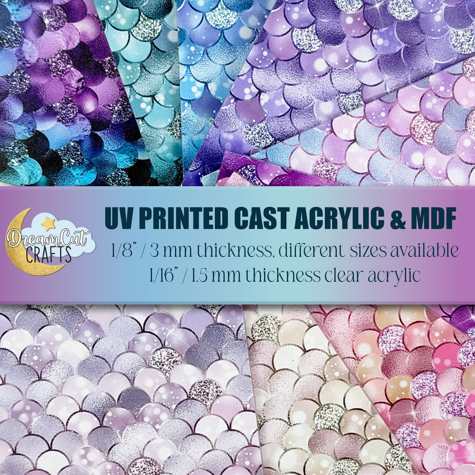 Mermaid scale UV printed acrylic sheet in assorted colors, smooth glossy surface, laser-ready cast acrylic.