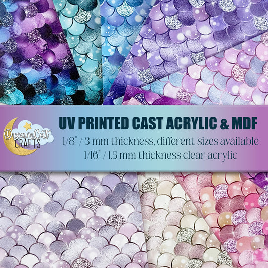 Mermaid scale UV printed acrylic sheet in assorted colors, smooth glossy surface, laser-ready cast acrylic.