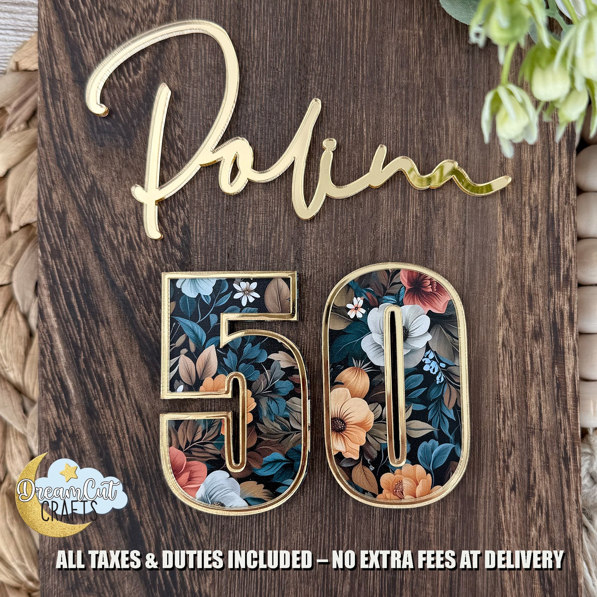 Custom acrylic cake topper with UV-printed number and name – personalized birthday cake charm.