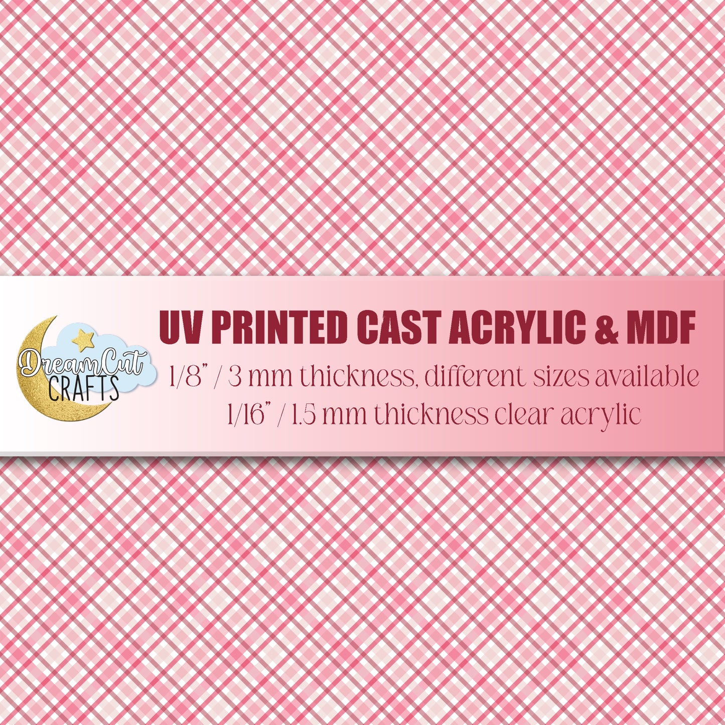 UV printed pink plaid gingham pattern on cast acrylic sheet for laser cutting and crafting projects