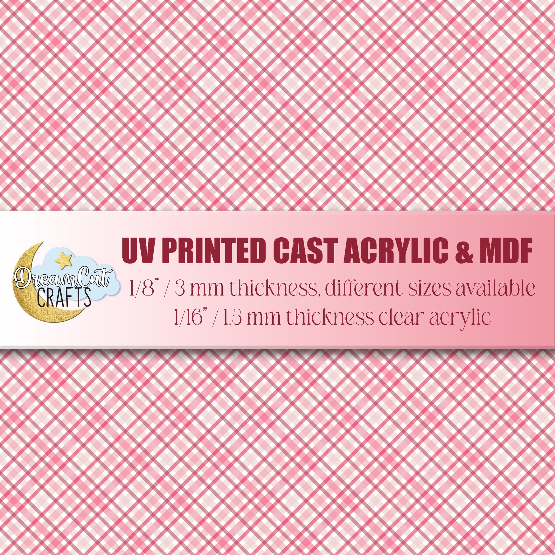UV printed pink plaid gingham pattern on cast acrylic sheet for laser cutting and crafting projects