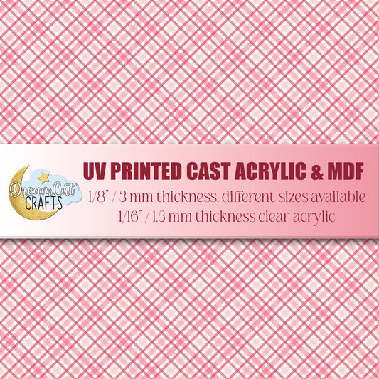 UV printed pink plaid gingham pattern on cast acrylic sheet for laser cutting and crafting projects