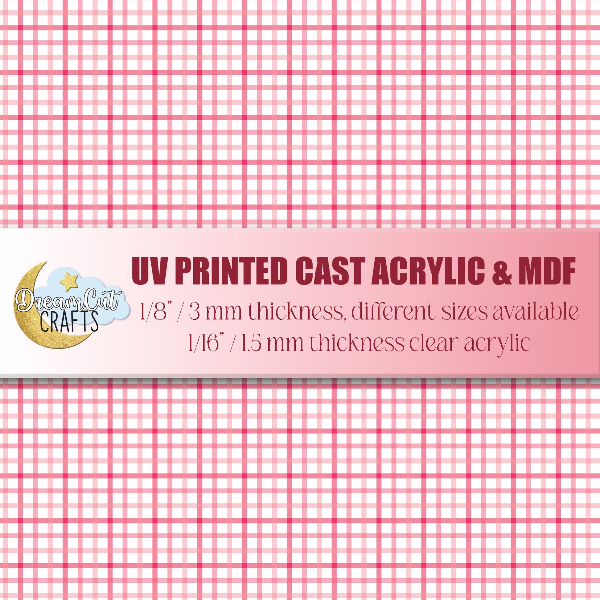 UV printed cast acrylic and MDF with pink checkered pattern