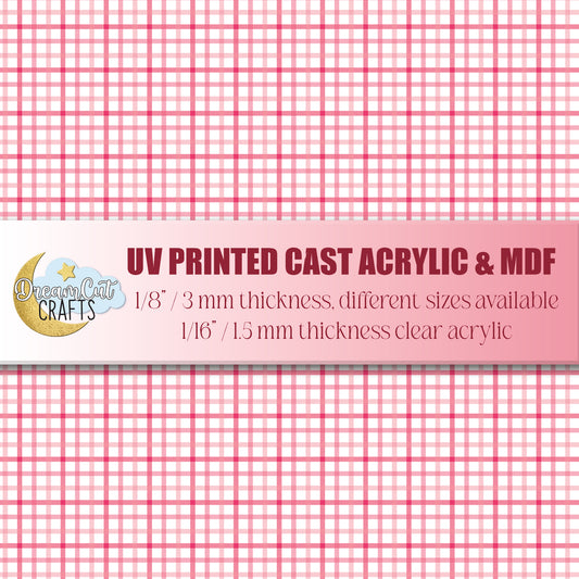 UV printed cast acrylic and MDF with pink checkered pattern
