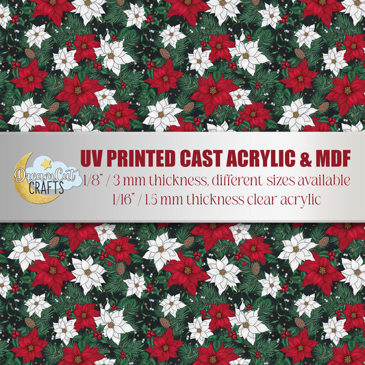 Christmas poinsettia UV printed acrylic sheet with red and white flowers for laser cutting and festive crafts